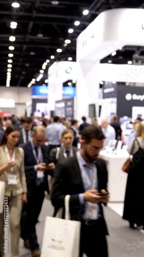 Blurred view of attendees walking through a large convention hall