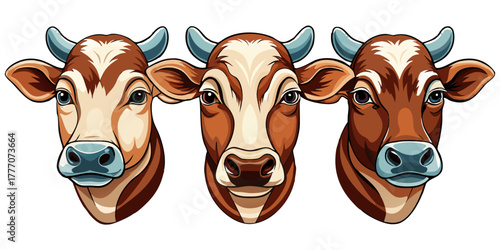 Vector illustration featuring three detailed cow heads