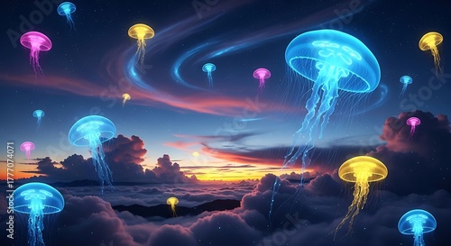 Celestial Jellyfish Dance - A Dreamlike Sky of Glowing Creatures.