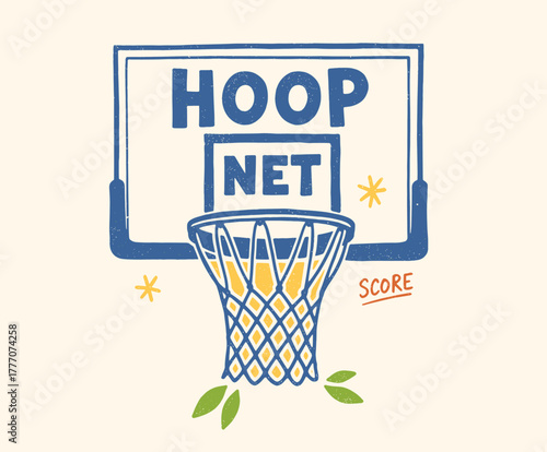 Hoop Net Vintage Graphic. Retro Basketball Illustration. Hand Drawn Sports Emblem. Basket Score Grungy Design. Streetball Court Print