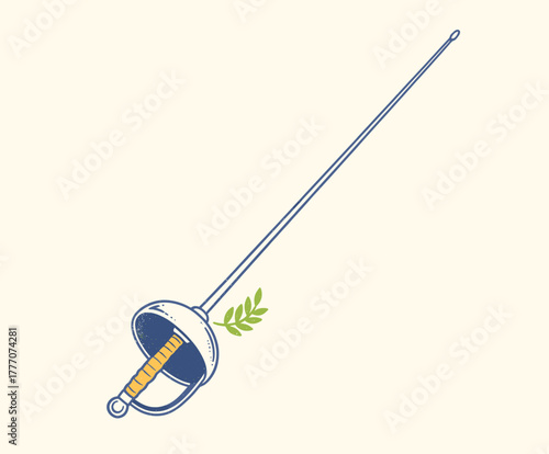Fencing Sword Vintage Badge. Retro Fencing Foil Illustration. Sportive Epee Vector Art. Duel Weapon Logo Design. Athletic Fencing Equipment