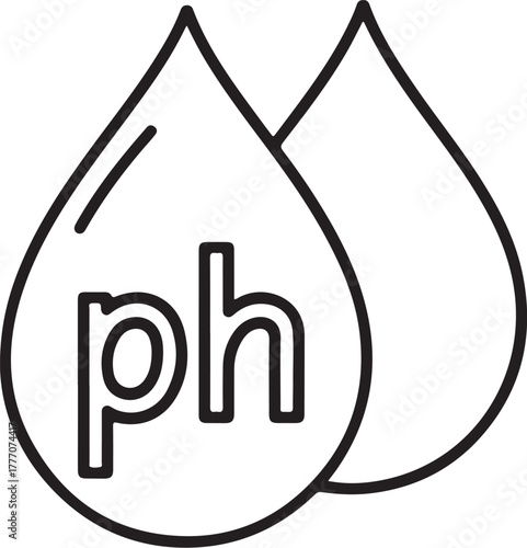 Simple line art icon of two water drops with ph symbol