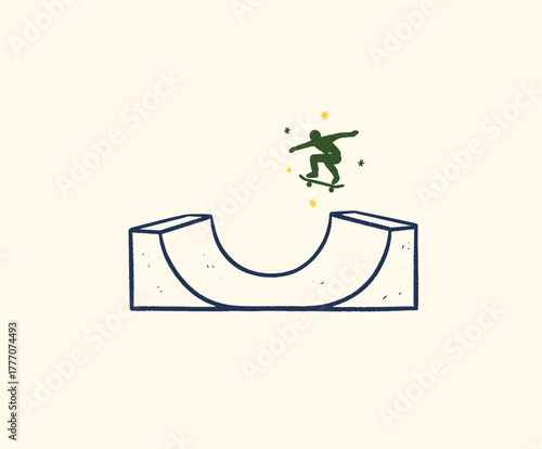 Skateboarder Half Pipe Jump. Simple Skateboarding Icon. Distressed Retro Skate Art. Vintage Sports Illustration. Skate Park Vector Graphic