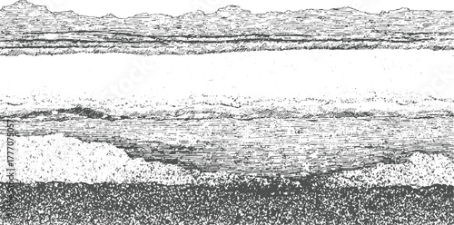 Black and white textured landscape with layered rock formations and rough ground abstract background