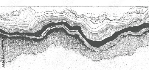 Black and white cross section illustration of geological strata and rock formations abstract background