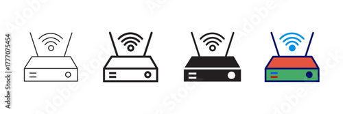Set of minimalist router icons with transparent background, depicting wireless network devices, internet modem symbols, and home connectivity solutions, vector illustration