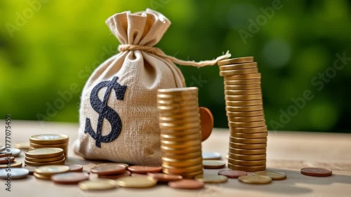 Money bag coin stack cash savings finance dollar currency investment wealth budget prosperity small burlap money bag with dollar symbol surrounded by