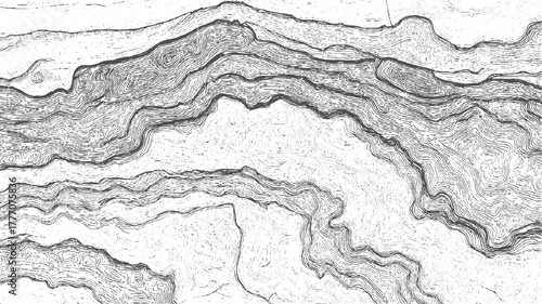 Black and white topographic map lines showing contour elevation and terrain topography