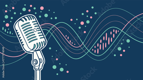 Retro Condenser Microphone with Abstract Sound Waves Background