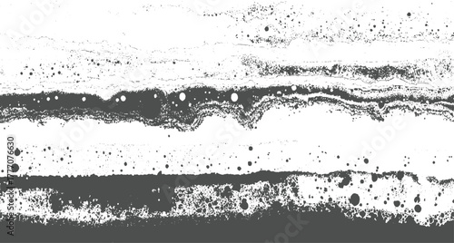 Abstract textured horizontal bands with scattered circles and irregular shapes in grayscale grunge background