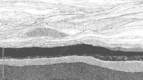 Black and white cross section of geological strata and rock layers with varied textures geology