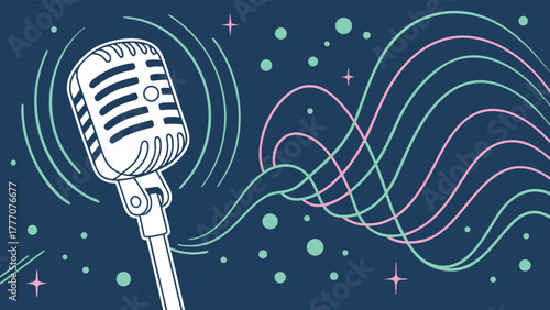 Retro Condenser Microphone with Abstract Sound Waves Background
