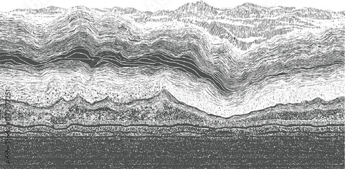 Abstract monochrome textured landscape with layered strata and mountain peaks vector