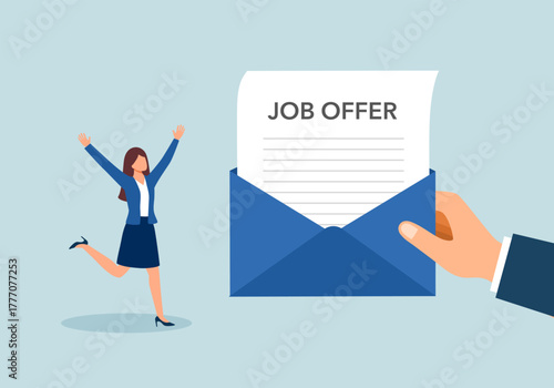 Job offer document in huge envelope. Happy female employee. Hiring new staff. Email with job invitation, letter after interview. Recruitment, work contract, agreement.