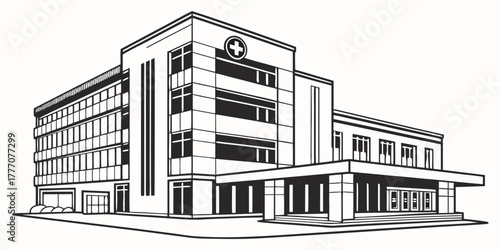 Illustration of a multi story hospital building with a cross symbol on the facade and many windows