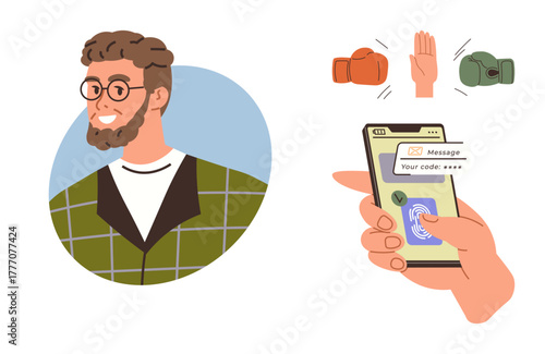 Man with beard and glasses, two boxing gloves and stop hand icons, smartphone showing secure message, code, and fingerprint scanner. Ideal for technology, security, privacy, identity verification