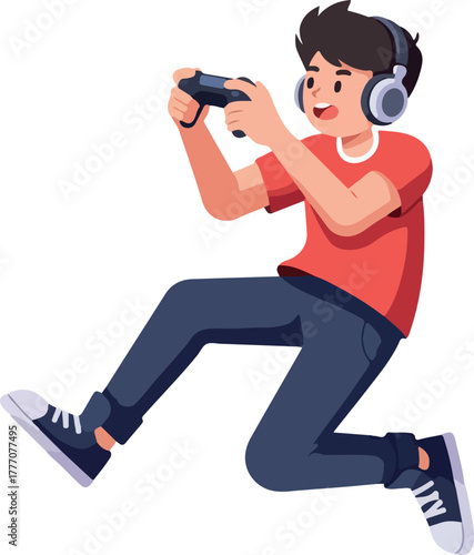 Young Gamer Boy Playing Video Games with Headphones and Controller