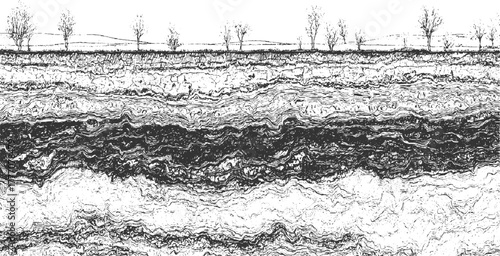 Stylized cross section of earth layers with bare trees and rolling hills ground soil