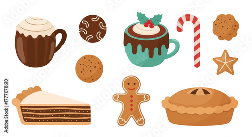Cozy Christmas Treats Collection Hot Chocolate Mugs Gingerbread Cookies Pies and Candy Canes