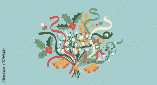 Whimsical Christmas Bouquet with Holly Berries Bells and Ribbons on Blue Background Festive Holiday Illustration