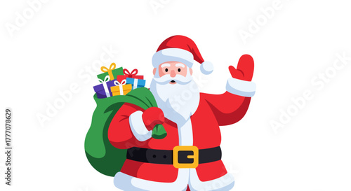 Jolly Santa Claus Waving Hello with a Bag Full of Gifts Festive Christmas Character Illustration