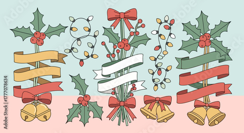 Festive Christmas Ornaments and Banners Holly Bells Lights and Ribbons Vector Elements for Holiday Design