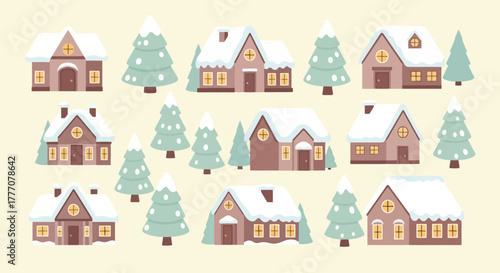 Charming Snow Covered Village Houses and Christmas Trees Vector Illustration