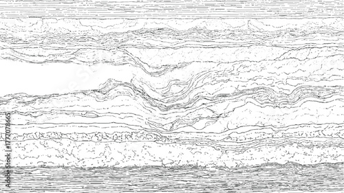 Abstract black and white line art depicting layered geological strata and rock formations vector