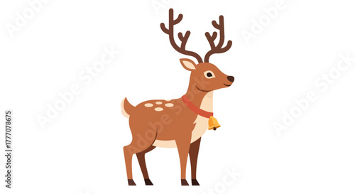 Cute Cartoon Reindeer with Antlers and Bell Christmas Character Illustration