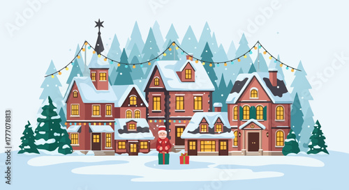 Charming Snowy Village Scene with Christmas Lights Decorated Houses and Pine Trees Festive Holiday Illustration