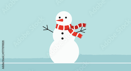 Cute Simple Snowman Character with Red Scarf on Snowy Winter Day Flat Vector Illustration for Holiday Greetings and Kids Design