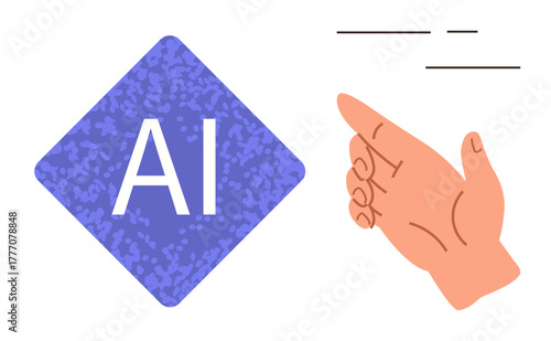 Hand gesturing toward a blue AI text diamond emphasizing creativity, technology, and innovation. Ideal for AI solutions, communication, automation, problem-solving, guidance, education digital