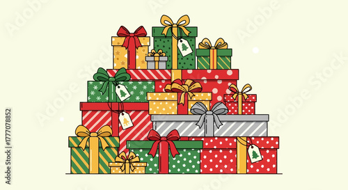Festive Stack of Christmas Gift Boxes with Ribbons and Tags Holiday Season Celebration Surprise Presents