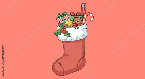 Adorable Cartoon Christmas Stocking Overflowing with Gifts Toys and Festive Treats