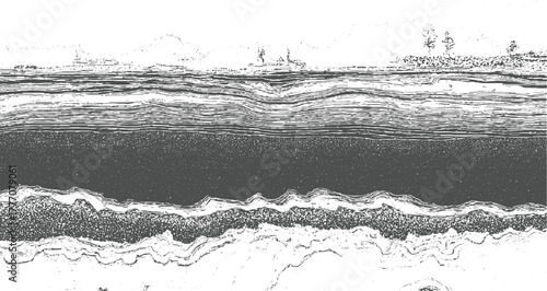 Detailed cross section of geological strata with textured layers and distant landscape geology
