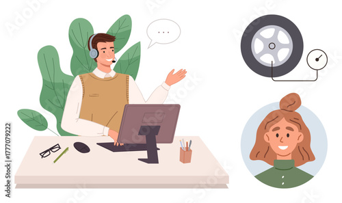 Customer service agent wearing a headset offering technical help while seated at a desk. Ideal for communication, support, teamwork, assistance, professionalism, technology, customer care. Simple