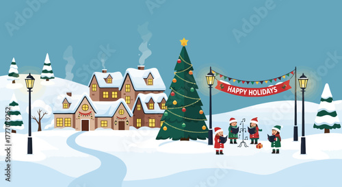Charming Snowy Village Scene with Caroling Elves Under a Decorated Christmas Tree Happy Holidays Banner Festive Winter Celebration Illustration
