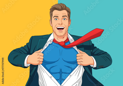 Man reveals superhero muscles under business suit excitingly - Gaming logo - Gaming Mascot - esport mascot vector illustration