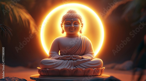 Smiling Budha statue with ring light background