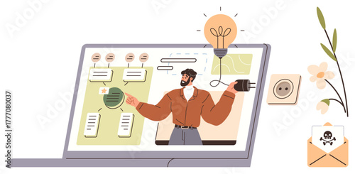 Speaker presenting on a laptop screen with charts and dialogues, surrounded by light bulb ideas, a phishing email, socket, and plant. Ideal for education, innovation, technology, cybersecurity