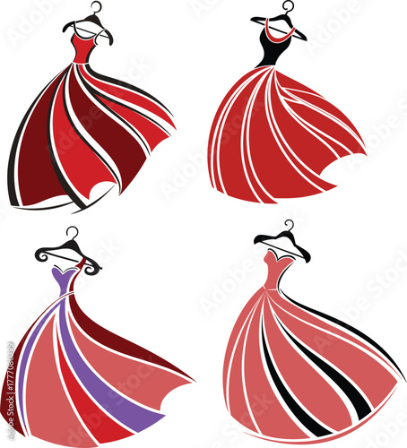 Four elegant red dresses on hangers fashion illustration