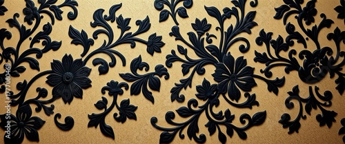 Intricate black floral pattern on a textured wall, design, dark