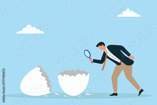 Vector illustration of a businessman examining an empty eggshell with a magnifying glass, symbolizing curiosity, investigation, discovery, and searching for new beginnings or opportunities