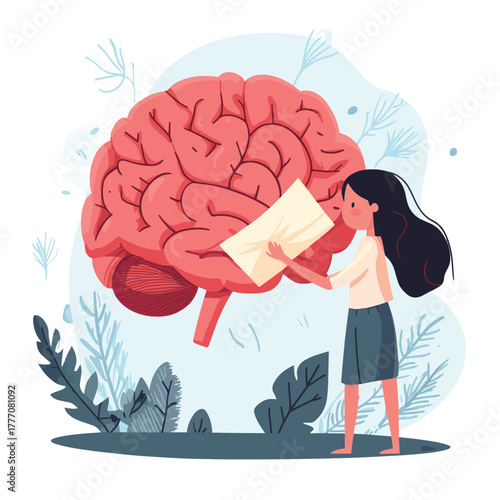 illustration of a woman placing a large bandage on a human brain, symbolizing the treatment of mental health or brain injury   , vector style simple color