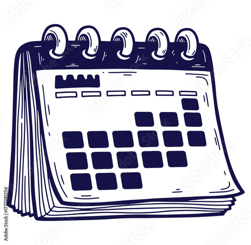 Hand drawn illustration of a stylized calendar with detailed day blocks and weekly arrangement