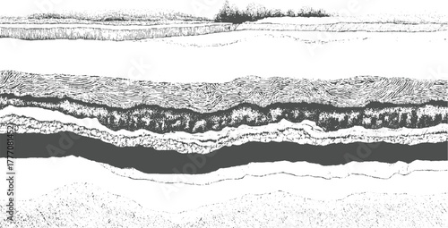 Abstract textured landscape with layered earth strata and distant trees vector
