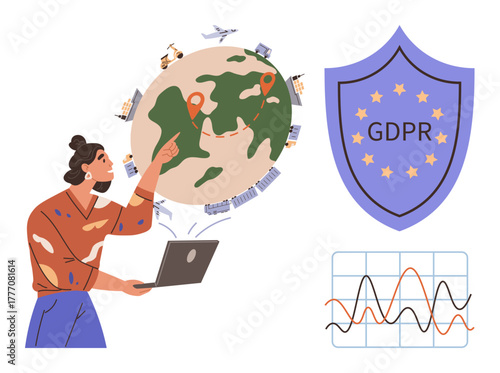 Woman analyzing global data on a laptop, world map with pins, GDPR shield, and graph. Ideal for data privacy, global connectivity, compliance, cybersecurity, analytics regulations and digital