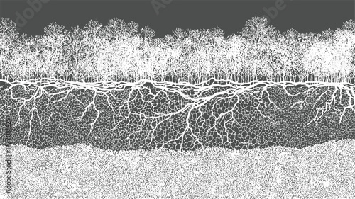 White tree branches and root system against dark gray background and textured soil roots