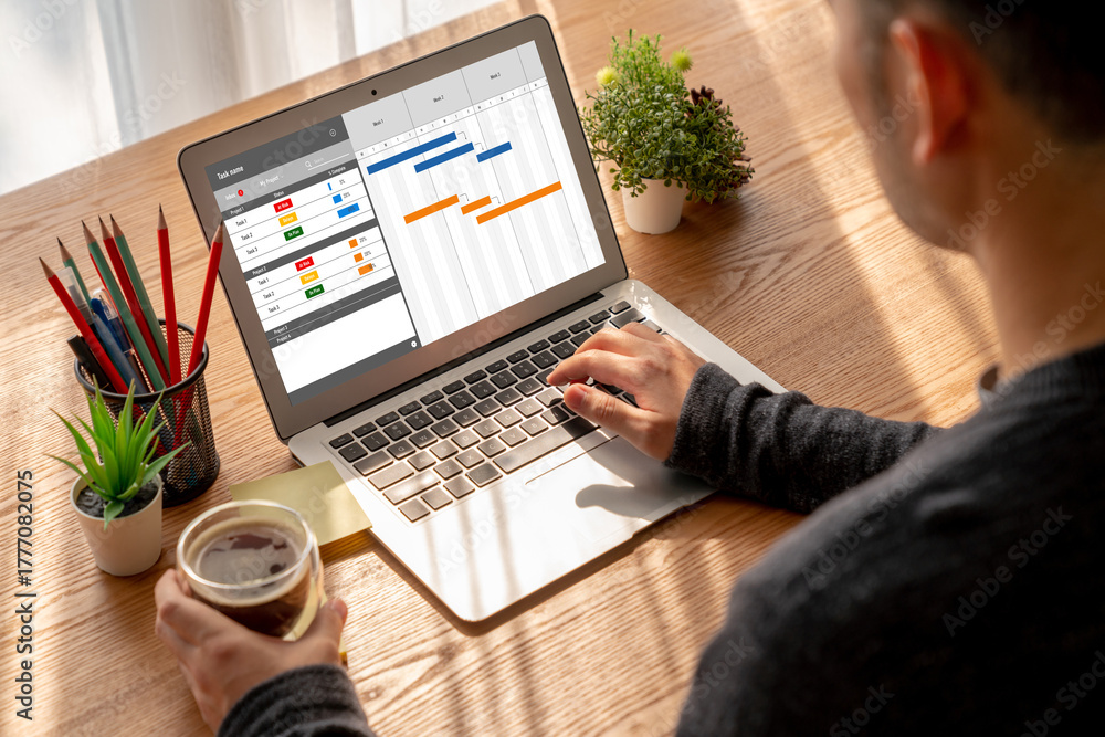 Fototapeta premium Project planning software for modish business project management on the computer screen showing timeline chart of the team project