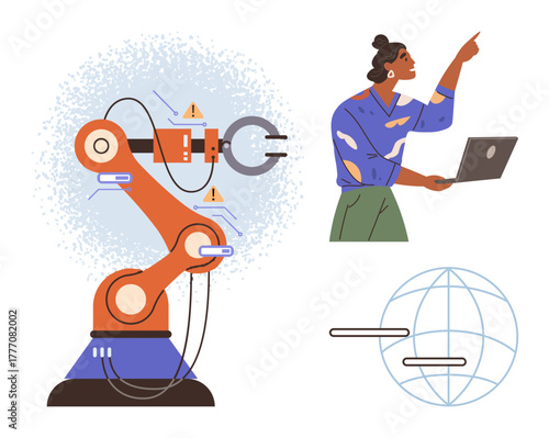 Robotic arm with warning icons, engineer holding laptop pointing to screen, and abstract globe graphic. Ideal for innovation, automation, AI, robotics, technology, education and industry